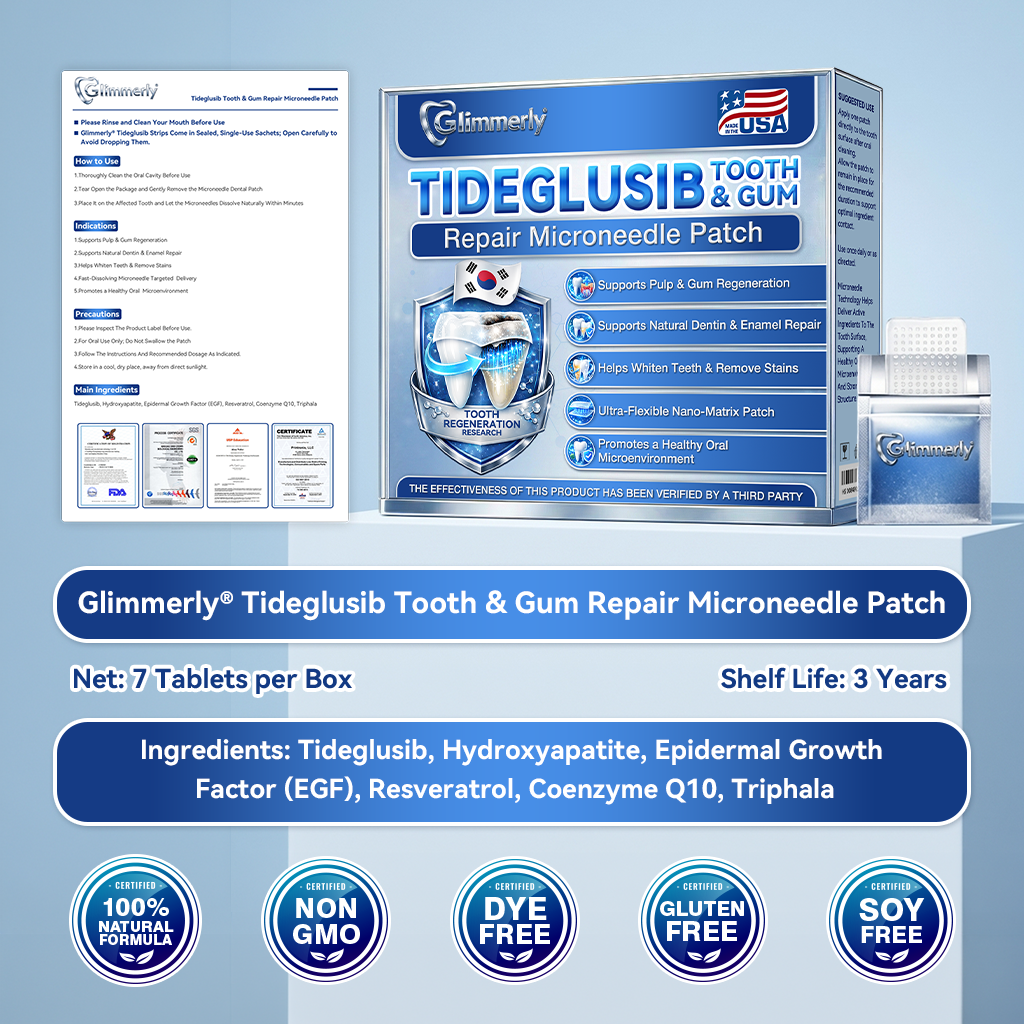 🦷 Tiras orales 𝐆𝐥𝐢𝐦𝐦𝐞𝐫𝐥𝐲® Tideglusib – activación de células madre 🧬, regeneración de la dentina 💎, fortalecimiento del esmalte ⚡, blanqueamiento ✨, reducción de sensibilidad 💧, sérum microneedling para dientes y encías 💖, uso diario suave 🦷