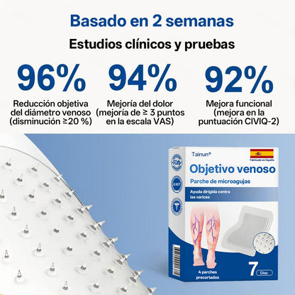 Tainun® VeinTarget Parche de Microagujas Herbal para las Venas 🌿 El primer parche de microagujas con hierbas alpinas certificado por la Unión Europea 🇪🇺 Clínicamente probado con una tasa de éxito de hasta el 96% 📊 Resultados visibles en 7–14 días 🔥🔥