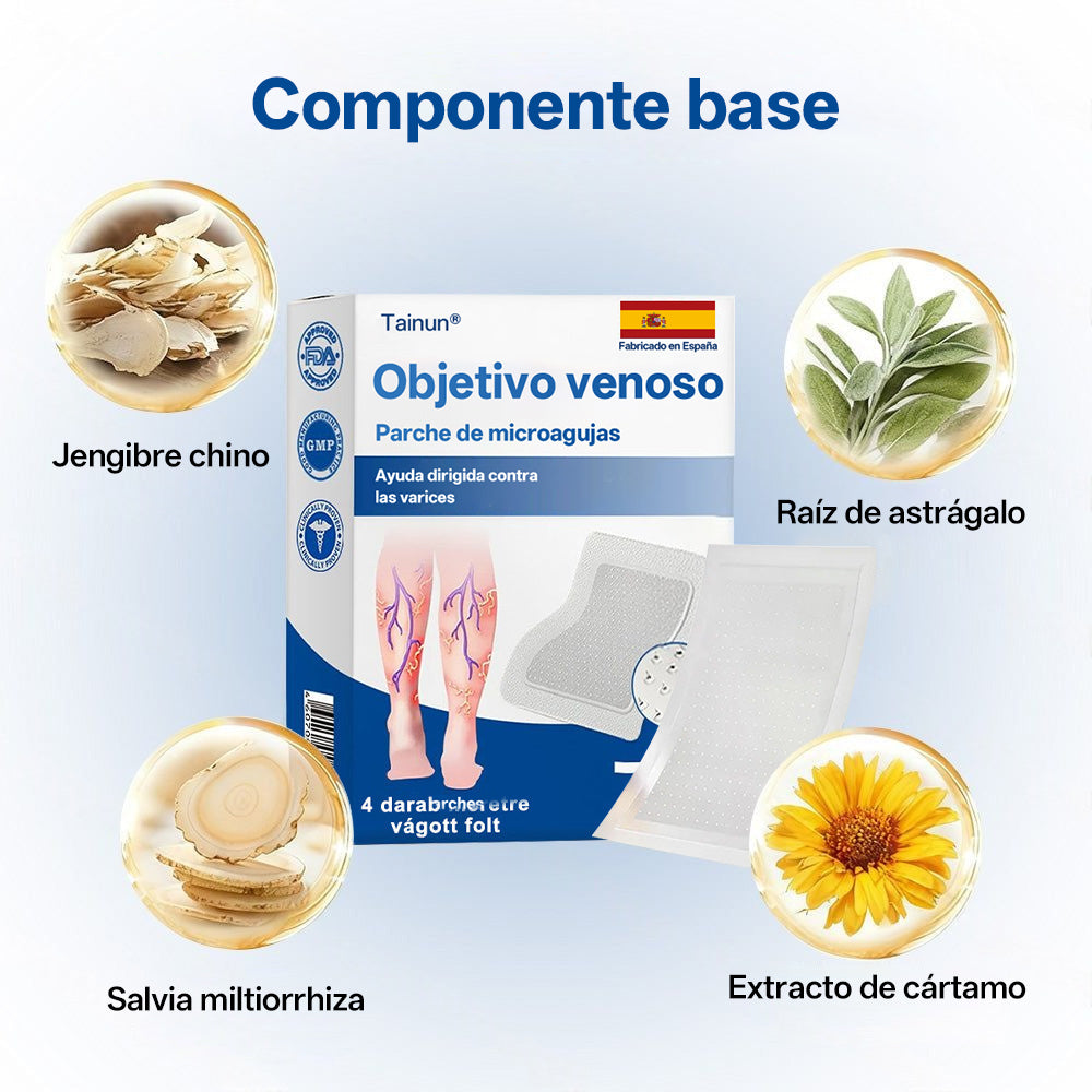 Tainun® VeinTarget Parche de Microagujas Herbal para las Venas 🌿 El primer parche de microagujas con hierbas alpinas certificado por la Unión Europea 🇪🇺 Clínicamente probado con una tasa de éxito de hasta el 96% 📊 Resultados visibles en 7–14 días 🔥🔥